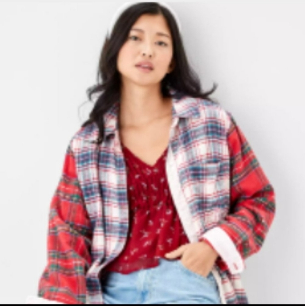 NWOT AEO Red Flannel Boy Friend Shirt Top Sz Small